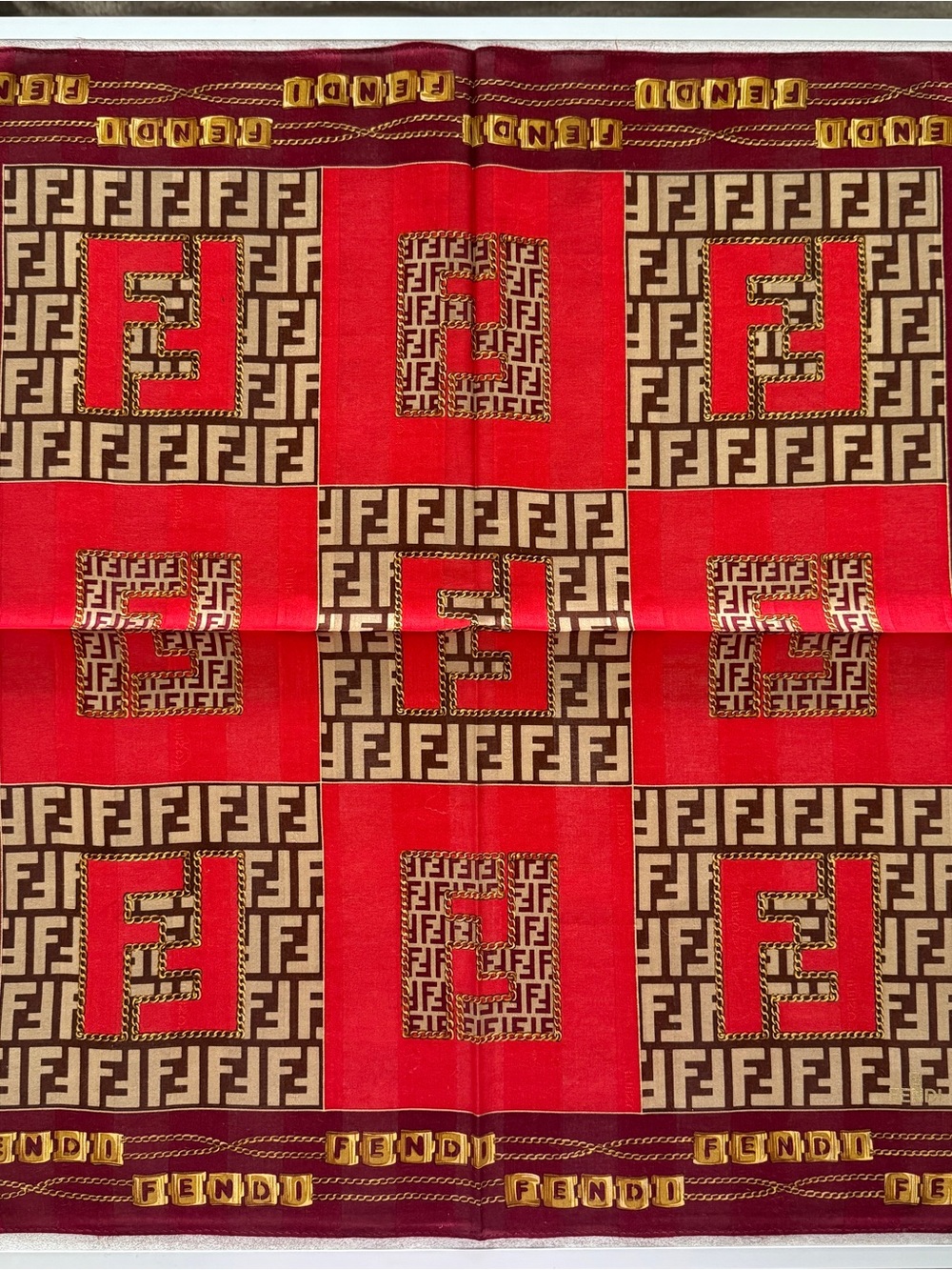 Fendi Red and Brown FF Logo cotton Scarf with Gold Accents